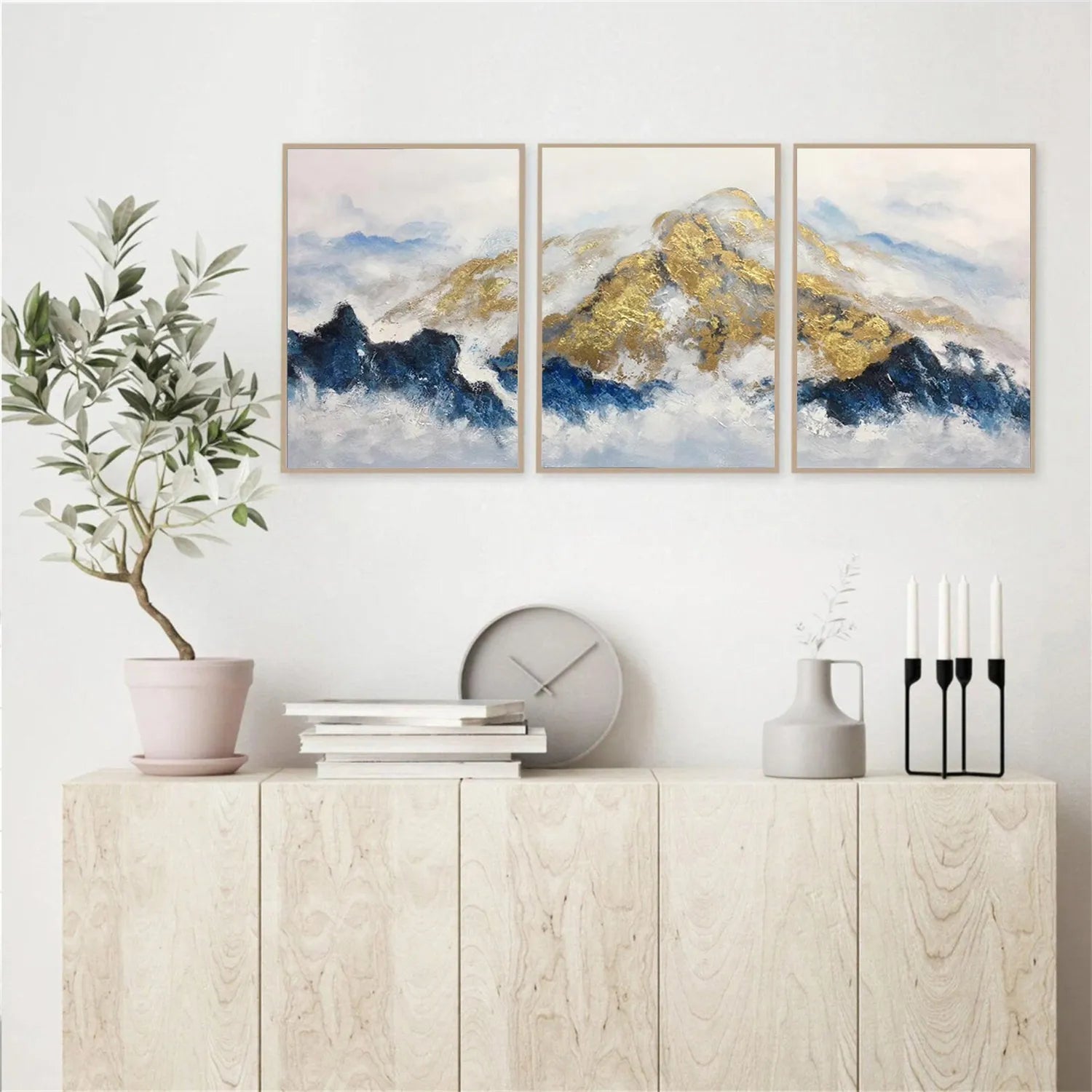 Gold and Blue Abstract Wall Art Set of 3 – Modern Canvas Paintings