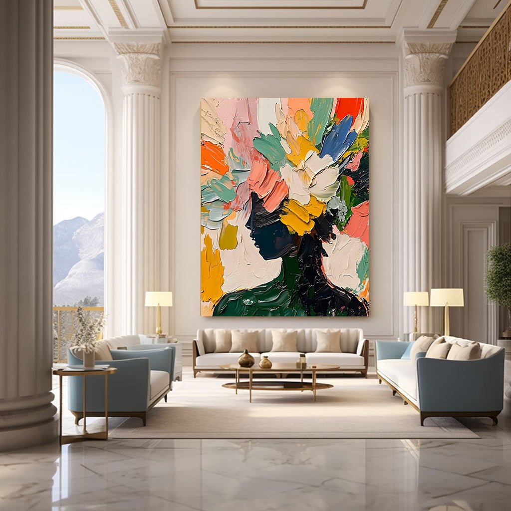Vibrant Multicolor Abstract Portrait | Pink, Orange & Green Canvas #AA 442