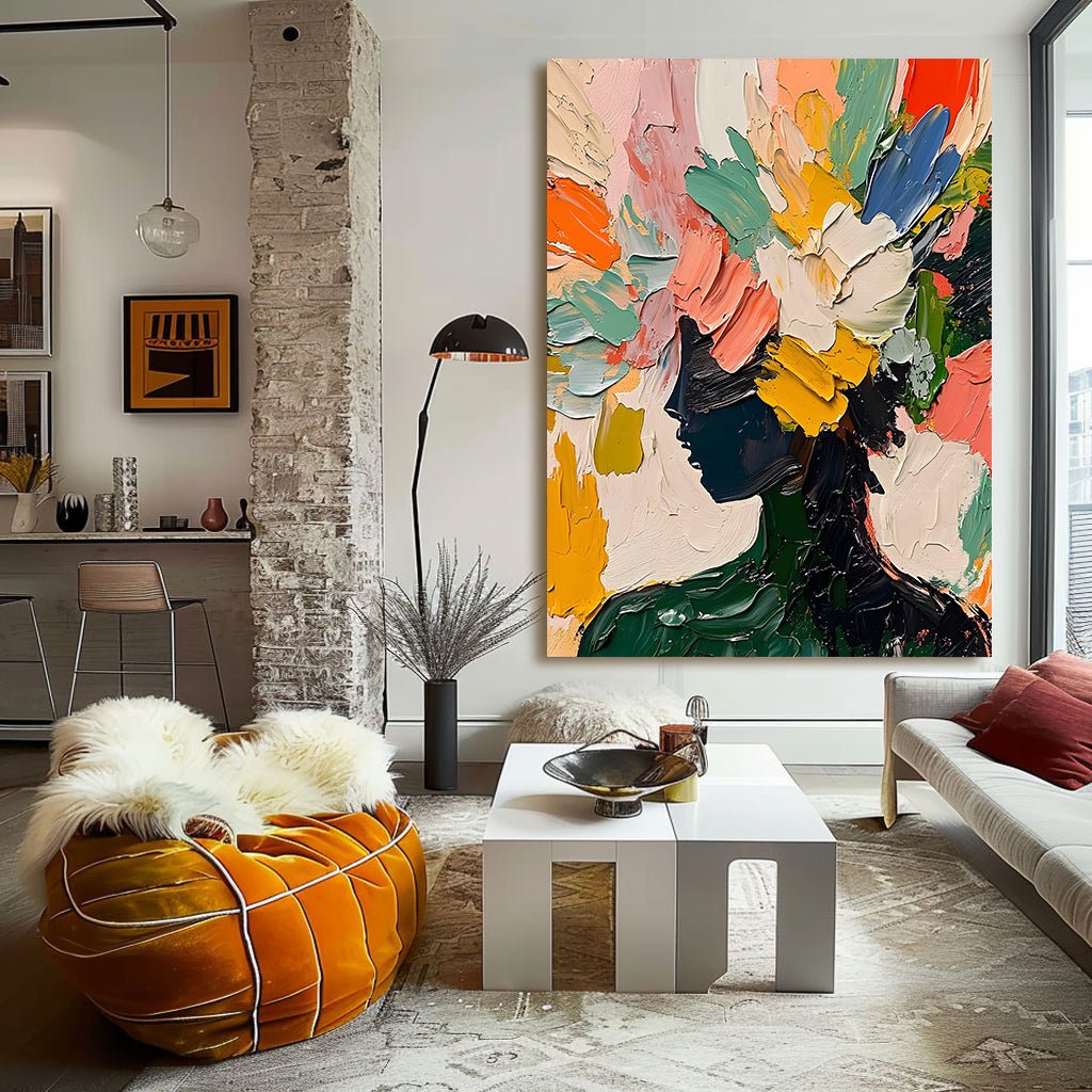 Vibrant Multicolor Abstract Portrait | Pink, Orange & Green Canvas #AA 442