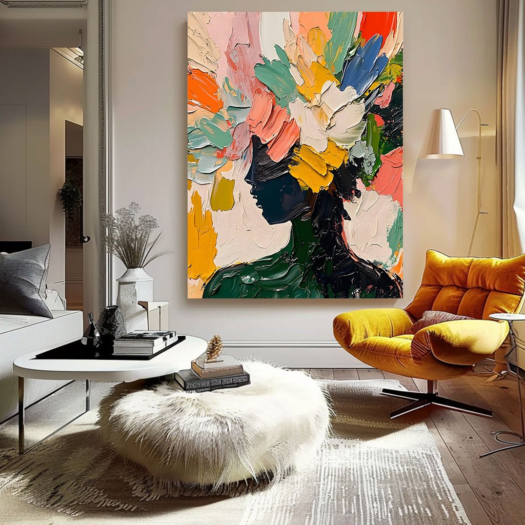 Vibrant Multicolor Abstract Portrait | Pink, Orange & Green Canvas #AA 442