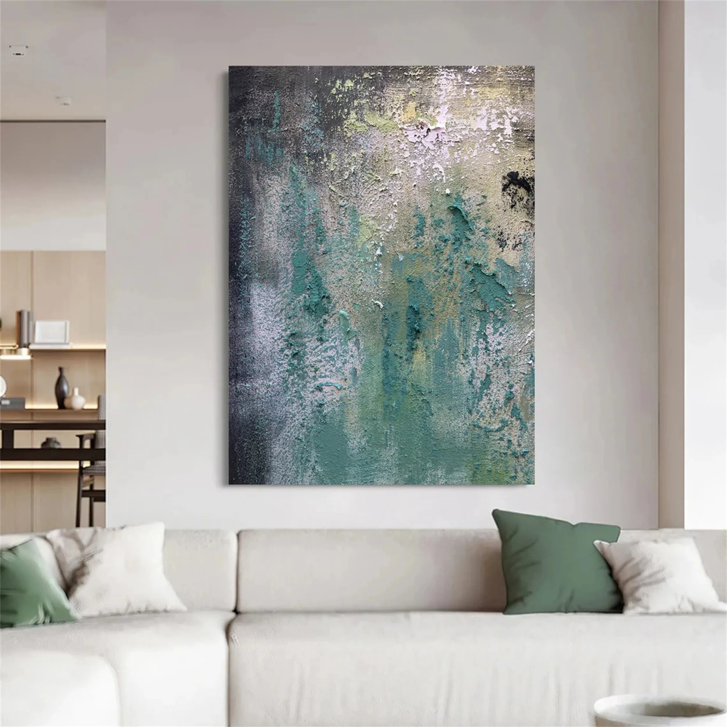 Textured Abstract Art | Green Grey Gold Impasto Canvas Painting #JJ 078