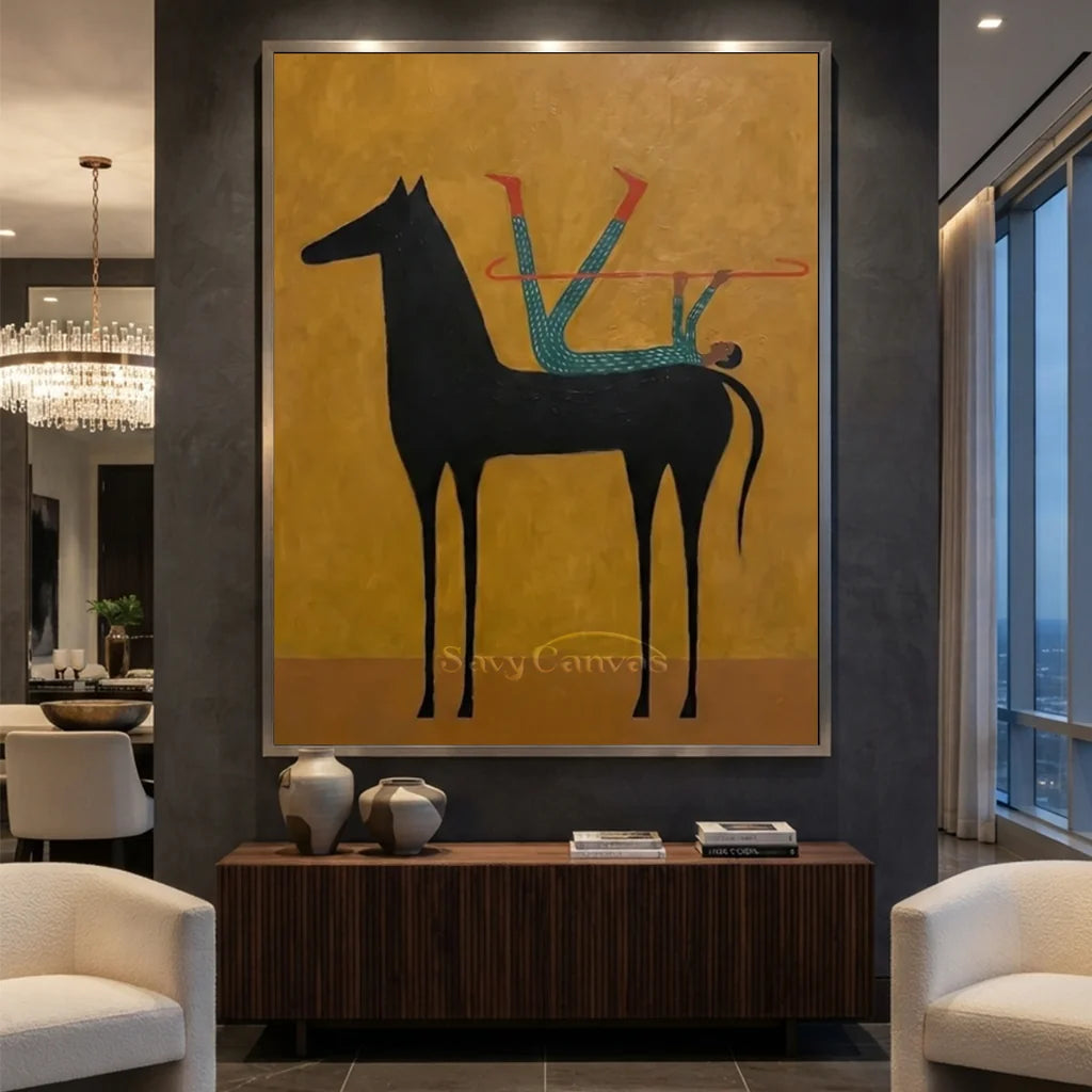 Handcrafted Americana folk art oil painting featuring a striking black silhouette and warm brown tones hanging in a modern living room