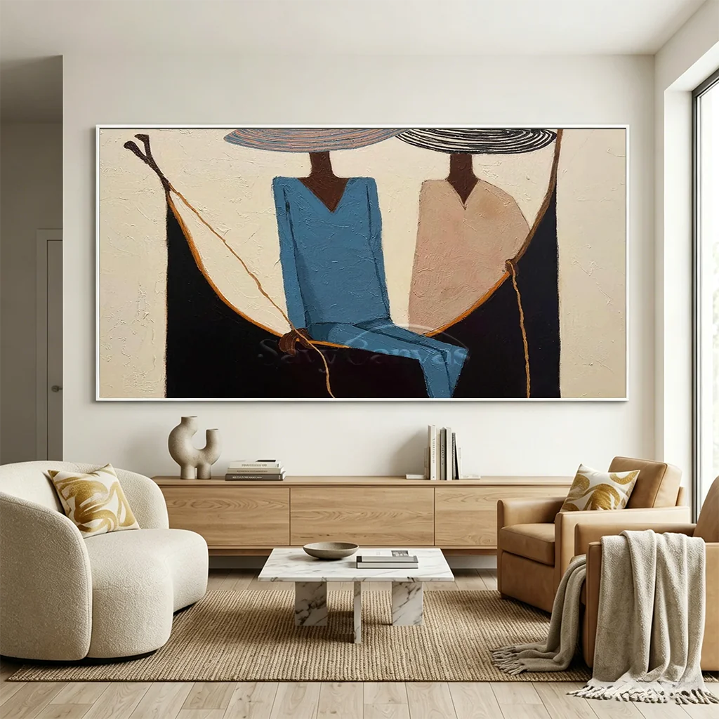 Handcrafted expressionist oil painting featuring stylized figures in wide-brimmed hats against a contrasting neutral and black background, ideal for modern living room wall decor.
