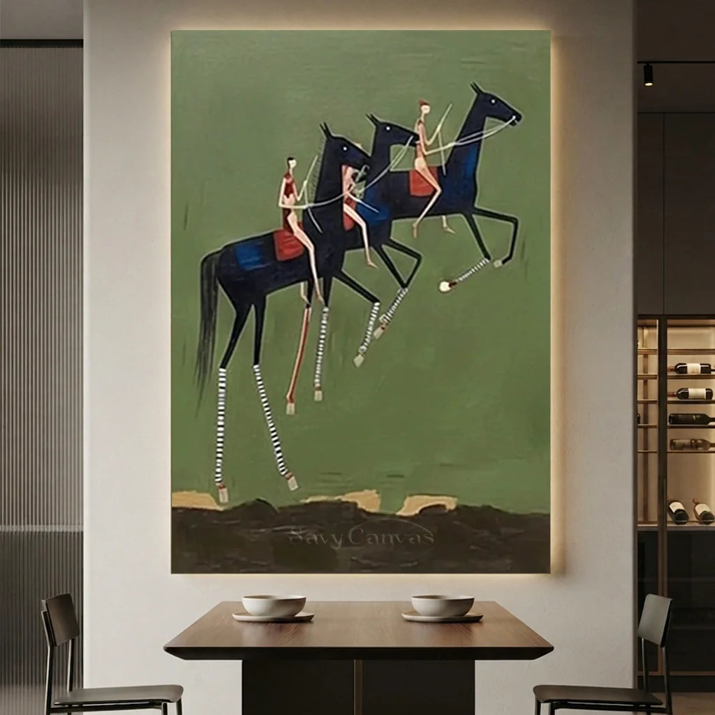 Handcrafted Americana folk art oil painting featuring striking black horse riders and serene green tones hanging in a modern living room