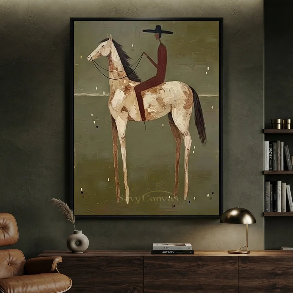 Handcrafted Folk Americana Rider Oil Painting, Green #SS 310