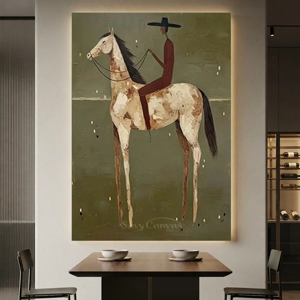 Handcrafted Americana folk art oil painting featuring a striking rider on a horse against serene green tones hanging in a modern living room