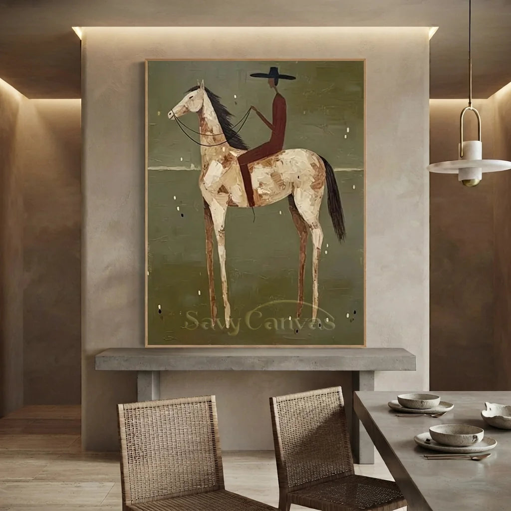 Handcrafted Folk Americana Rider Oil Painting, Green #SS 310