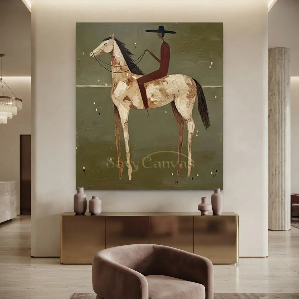 Handcrafted Folk Americana Rider Oil Painting, Green #SS 310