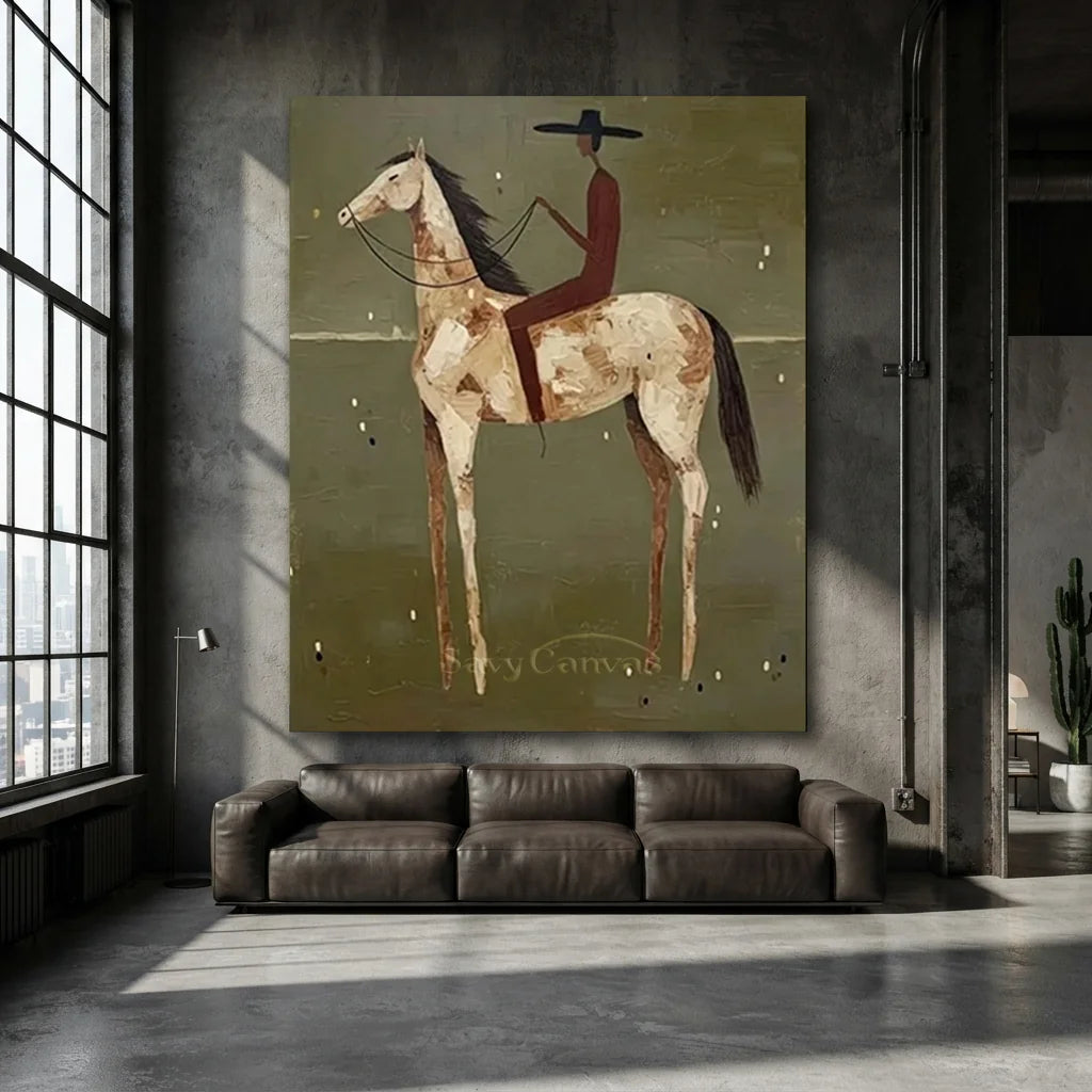 Handcrafted Folk Americana Rider Oil Painting, Green #SS 310