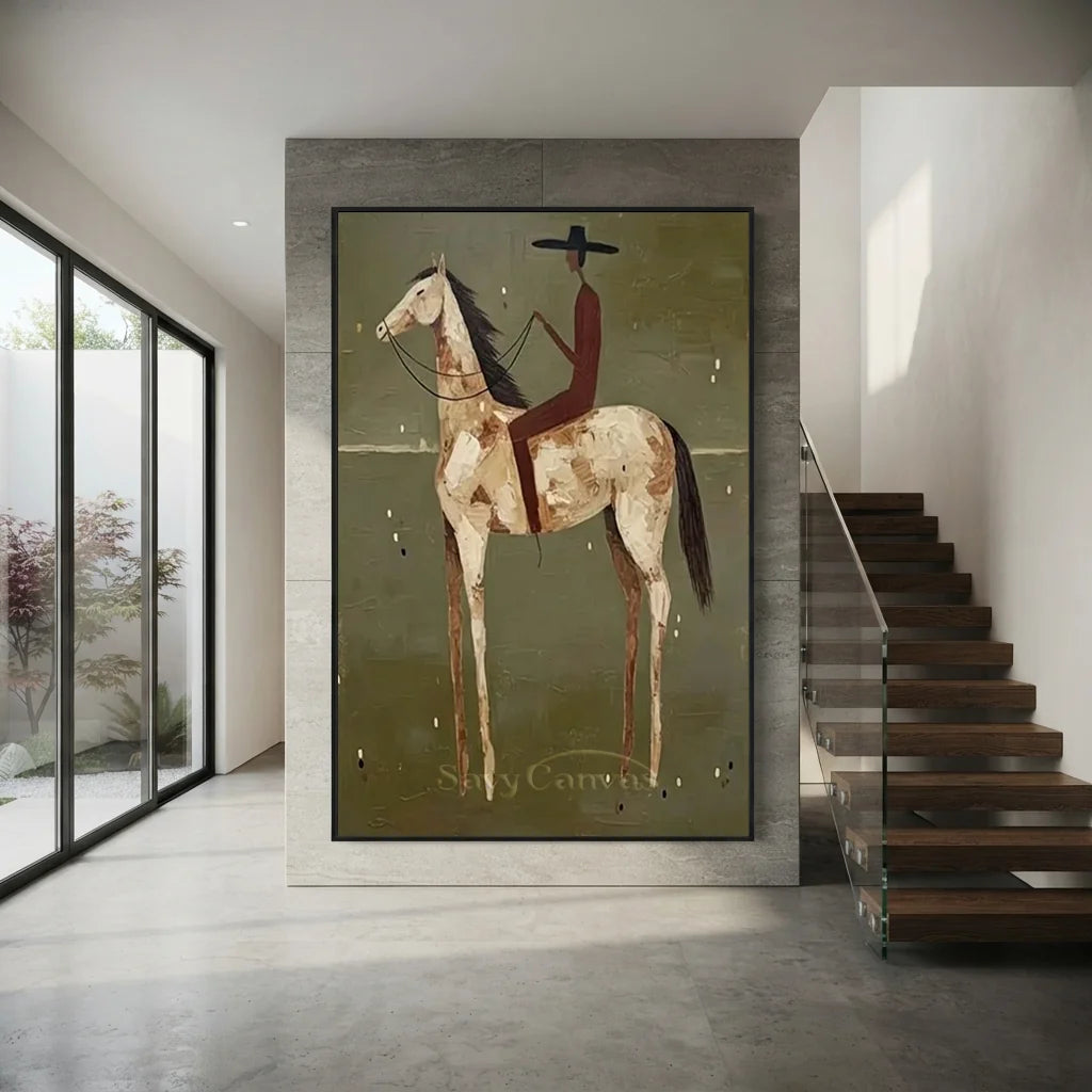 Handcrafted Folk Americana Rider Oil Painting, Green #SS 310