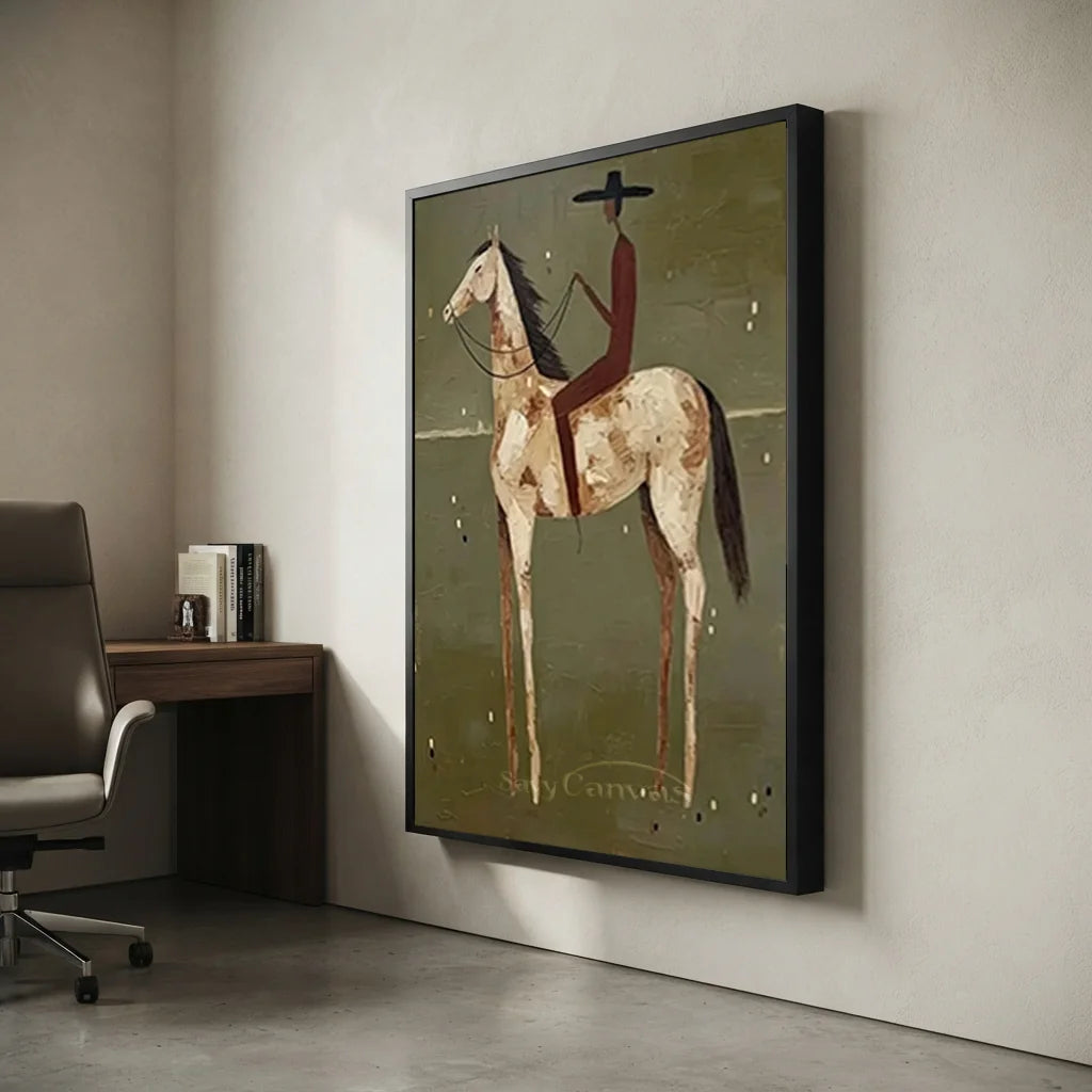 Handcrafted Folk Americana Rider Oil Painting, Green #SS 310
