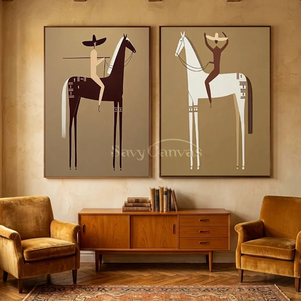 Handcrafted minimalist Americana oil painting set featuring two panels with stylized horses and riders in earth tones, displayed above a modern wooden console table.