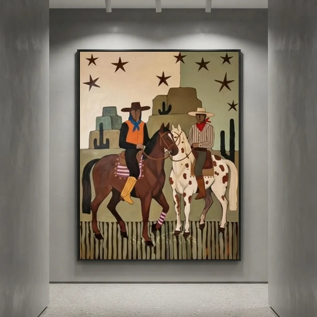 Handcrafted Americana folk art oil painting featuring striking cowboys and horses under a starry sky hanging in a modern living room