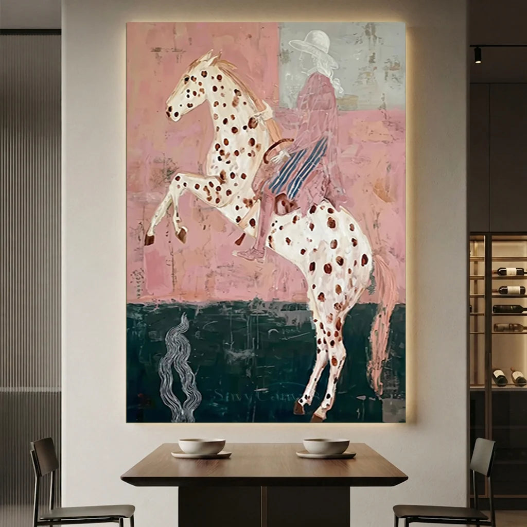 Handcrafted Americana folk art oil painting featuring a striking rider on a spotted horse against soft pink tones hanging in a modern living room