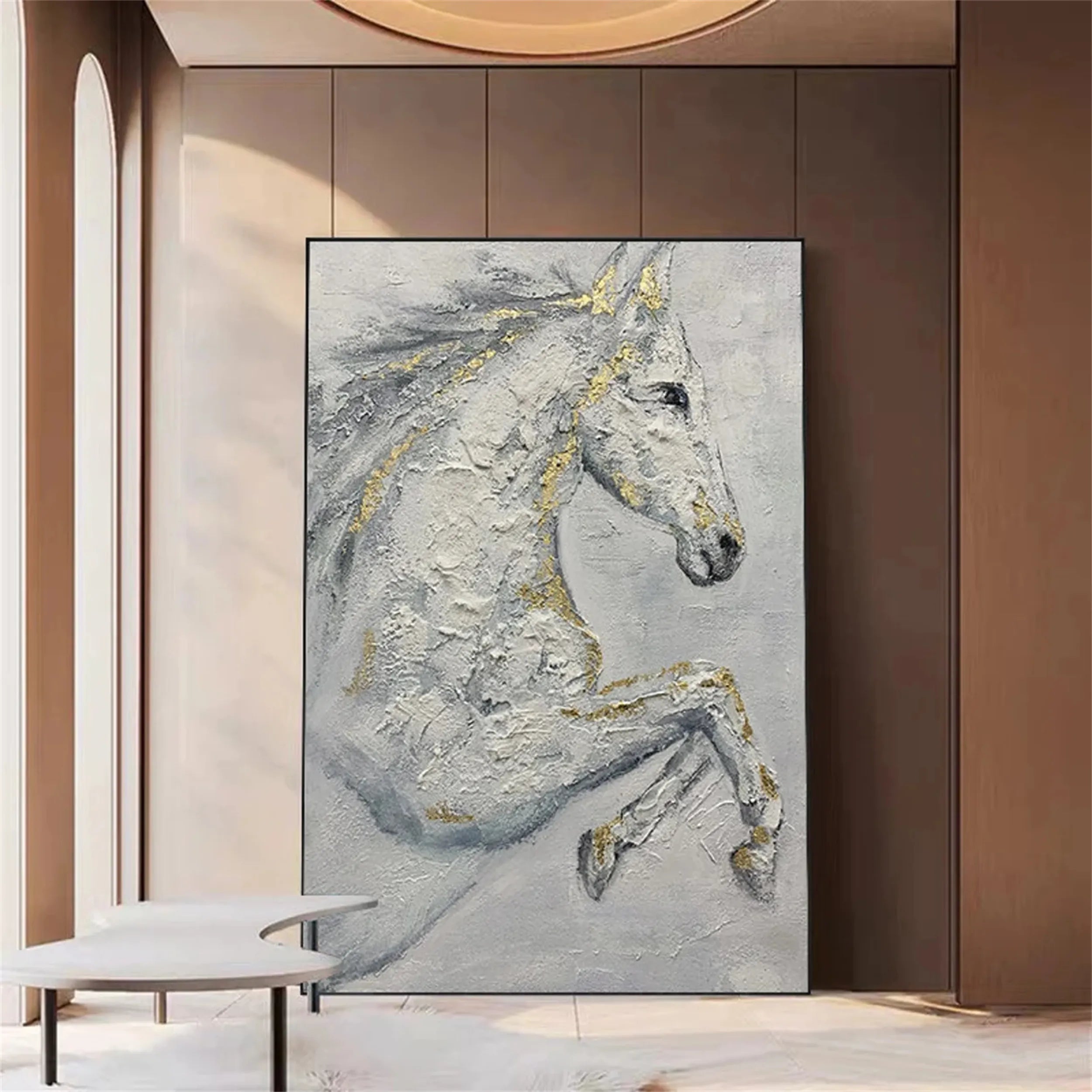 Textured Horse Wall Art | Large Vertical White Gold Canvas Painting