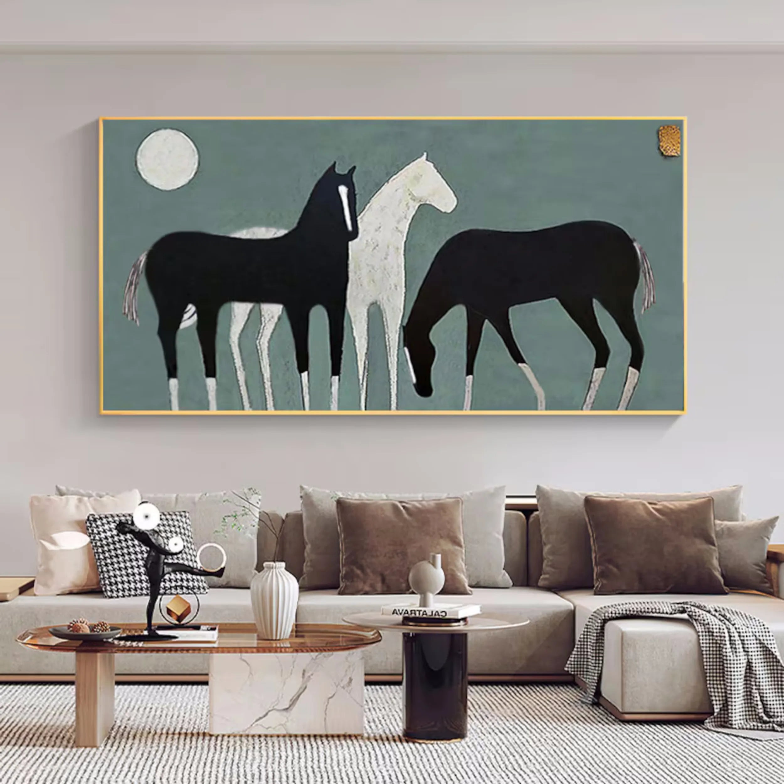Black, White & Teal Horse Art | Large Graphic Equine Painting