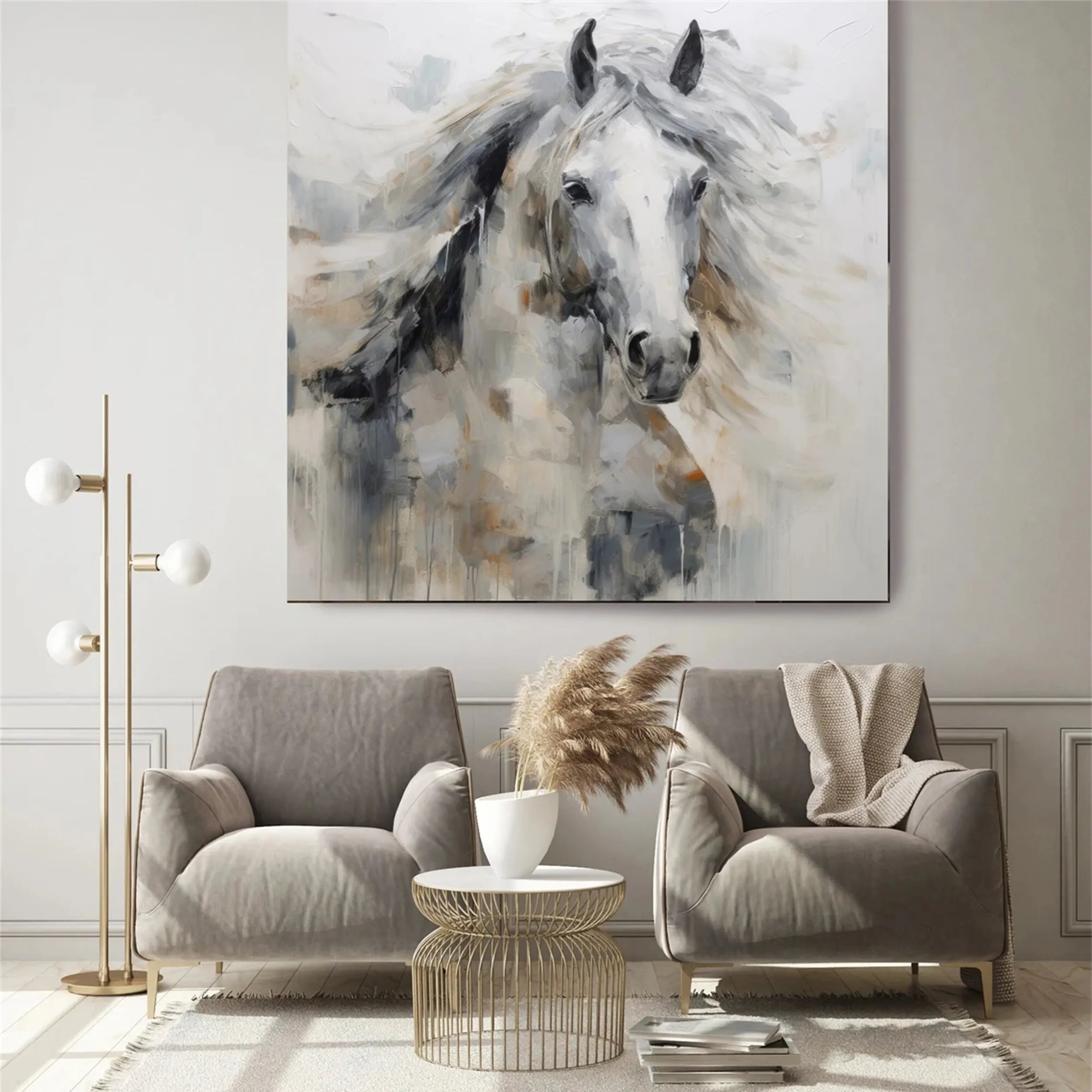 Spirited White Horse Art | Large Gestural Equine Painting Decor
