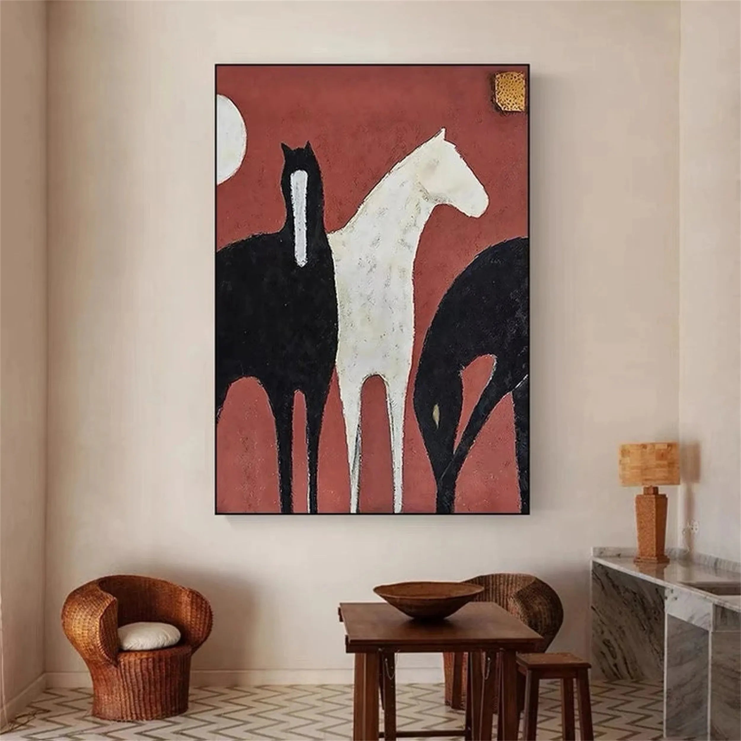 Abstract Horse Painting Vertical | Large Red Black White Wall Art