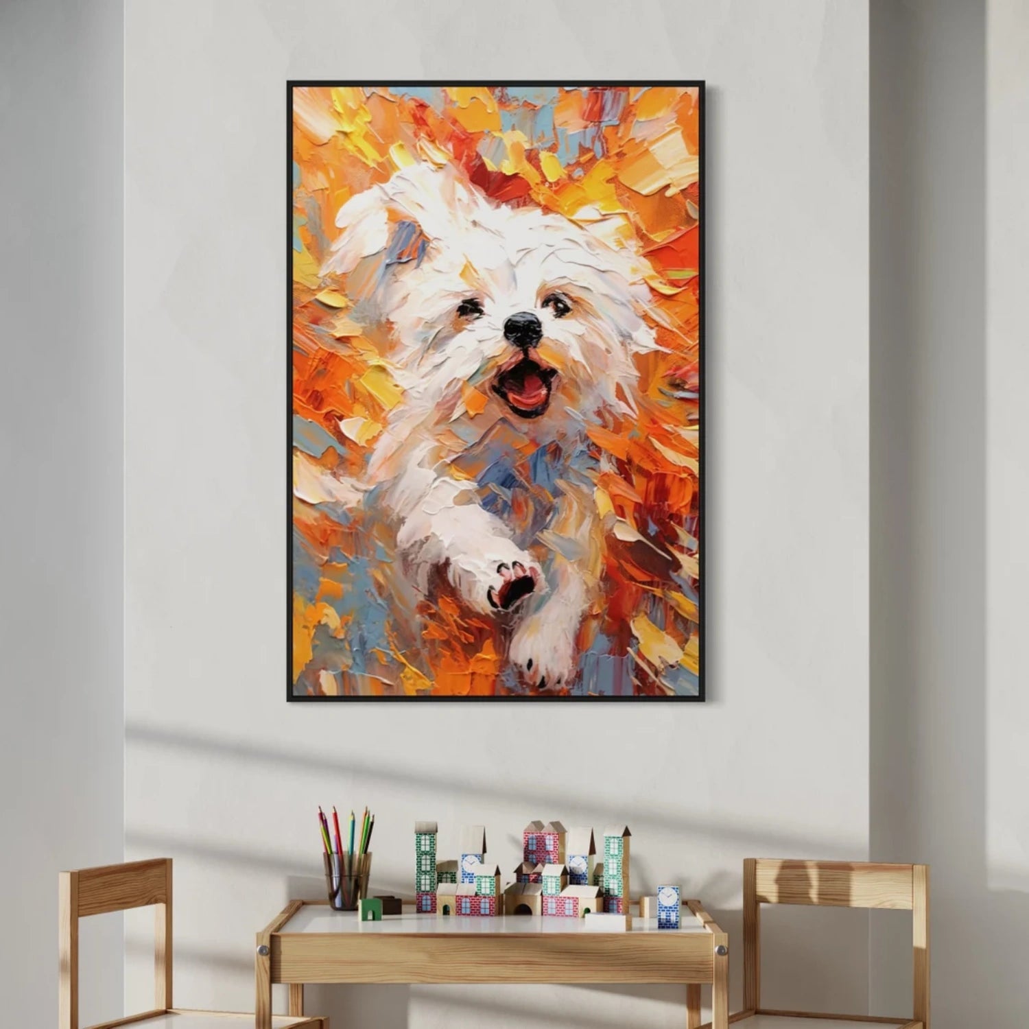 Oversized Vertical Wall Art | Textured Colorful White Dog Painting Canvas