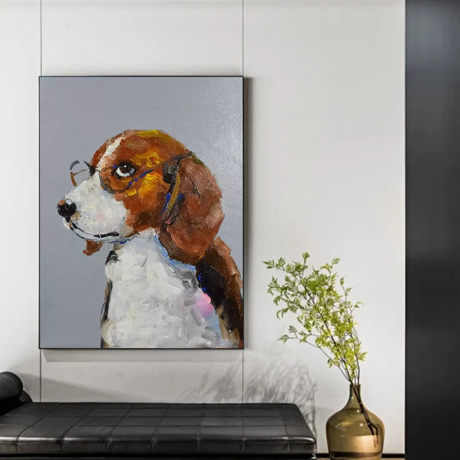 Abstract Dog Painting | Textured Beagle with Glasses Canvas Wall Art Vertical