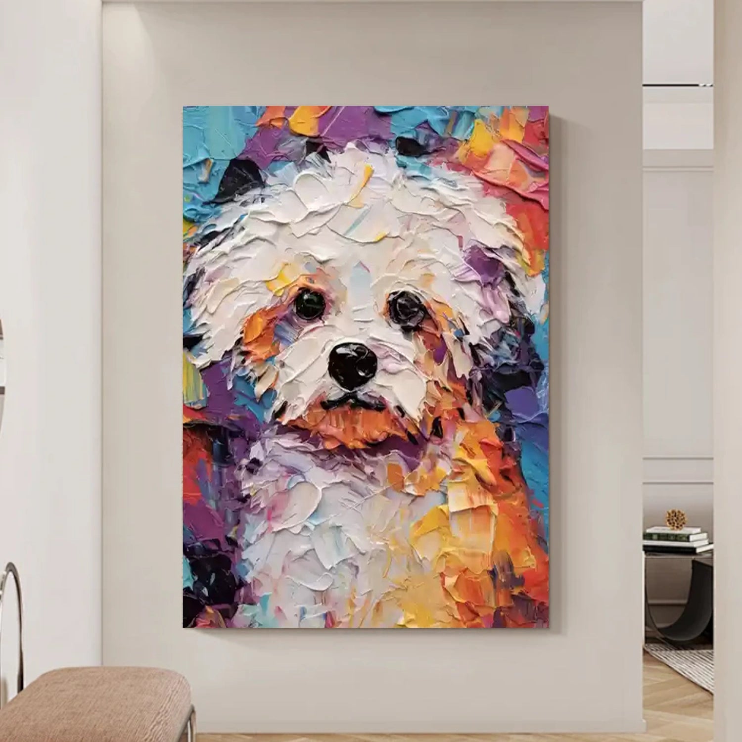 Large Textured Dog Painting | Abstract Colorful White Dog Wall Art