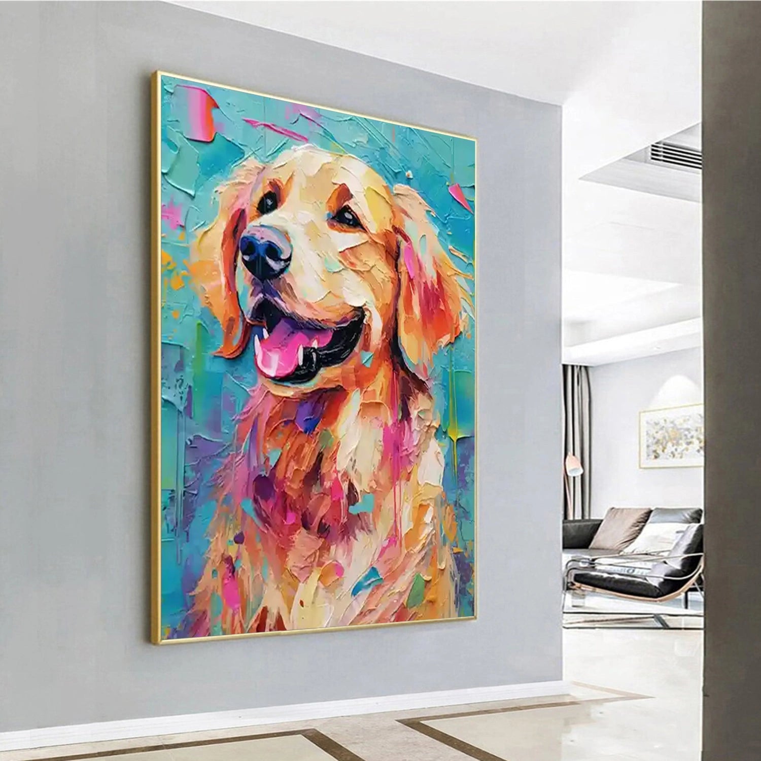 Colorful Golden Retriever Wall Art | Large Textured Dog Painting Canvas #ZZ 157