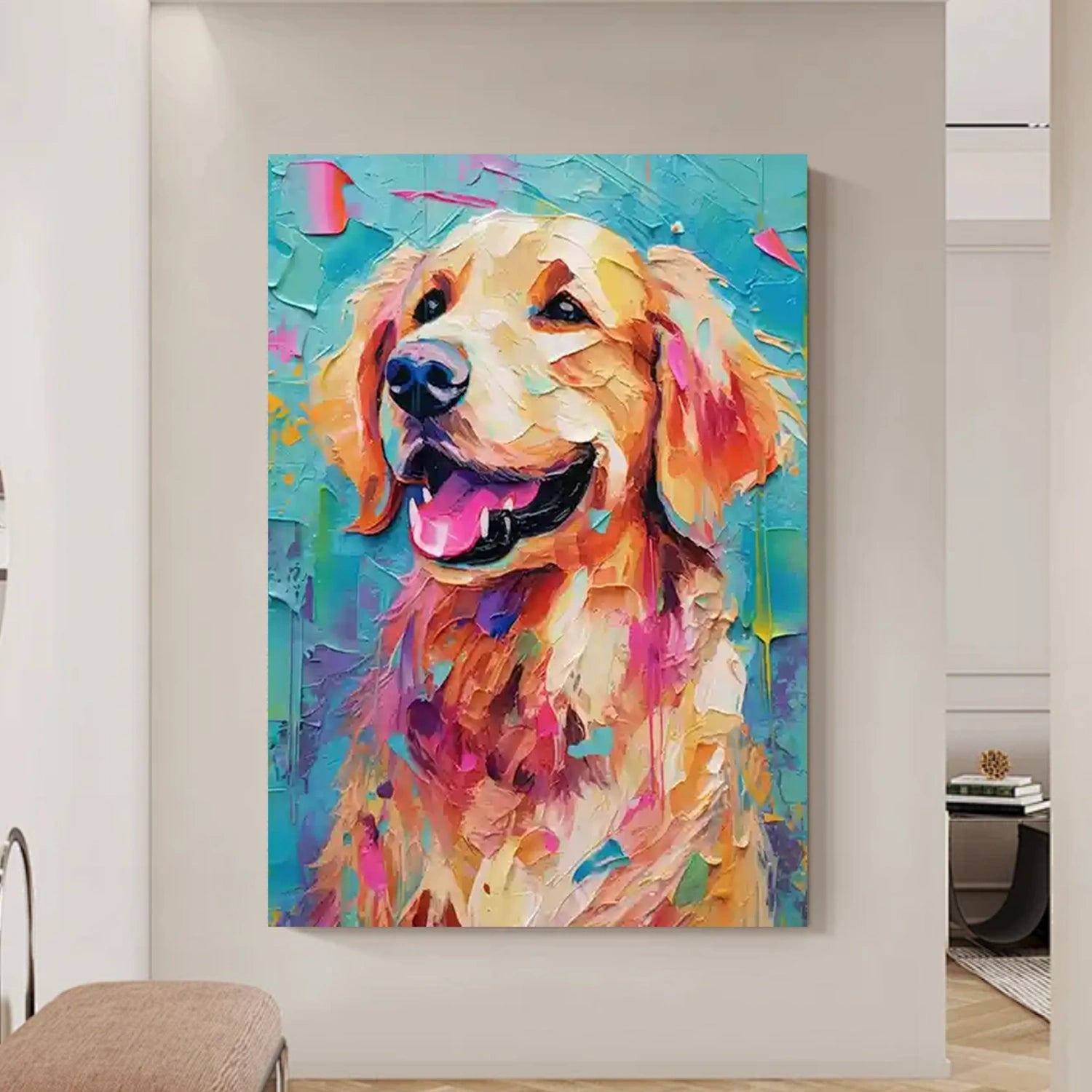 Colorful Golden Retriever Wall Art | Large Textured Dog Painting Canvas #ZZ 157