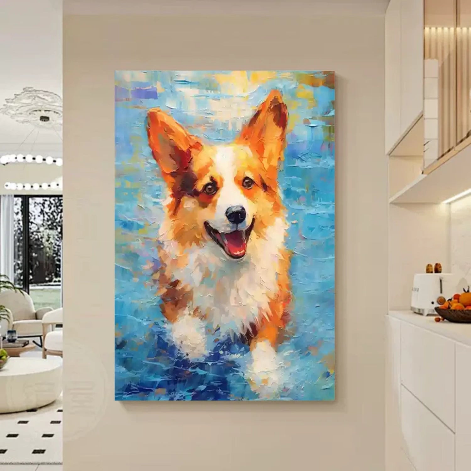 Oversized Vertical Wall Art | Textured Colorful Corgi Painting Canvas