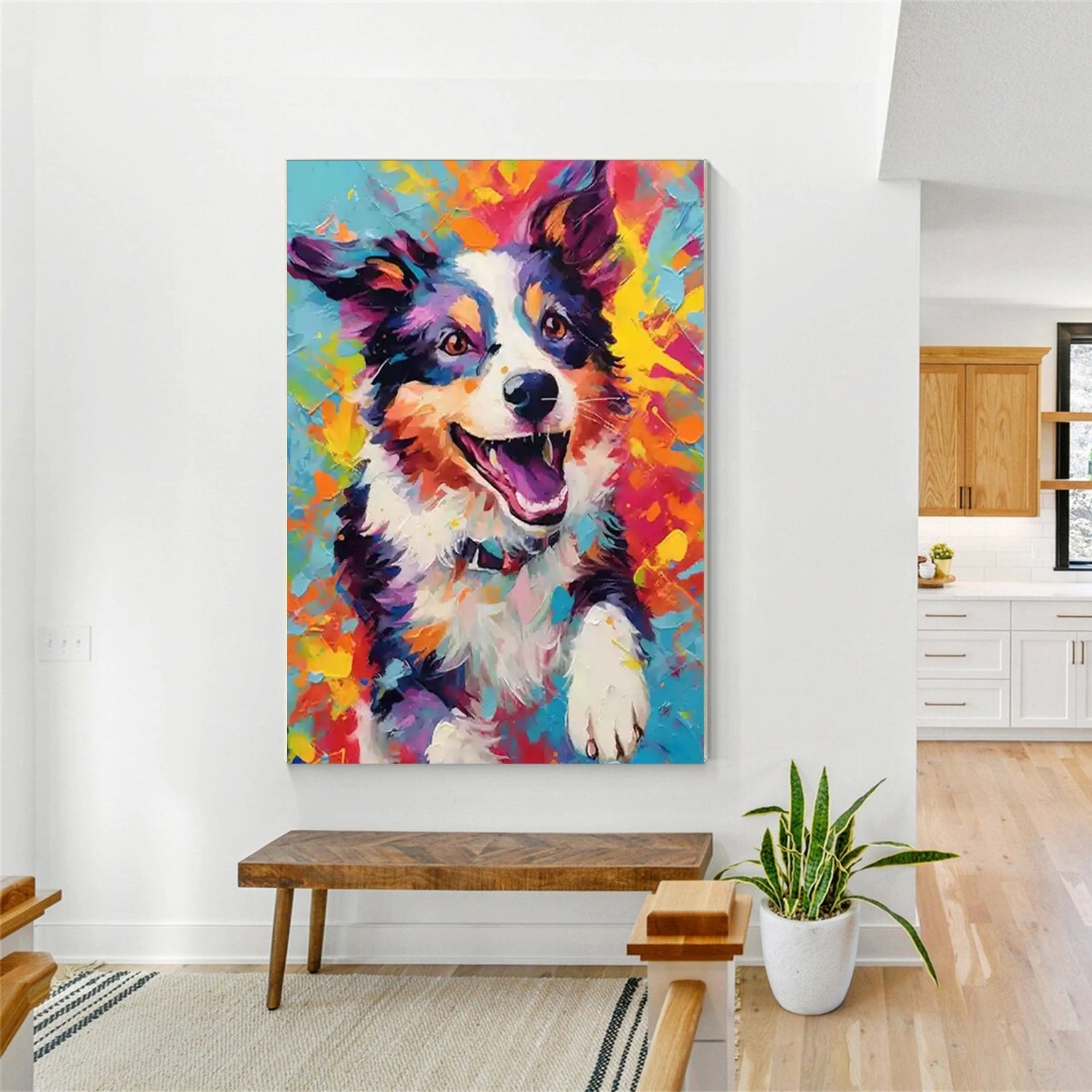 Oversized Vertical Wall Art | Textured Colorful Dog Portrait Painting Canvas