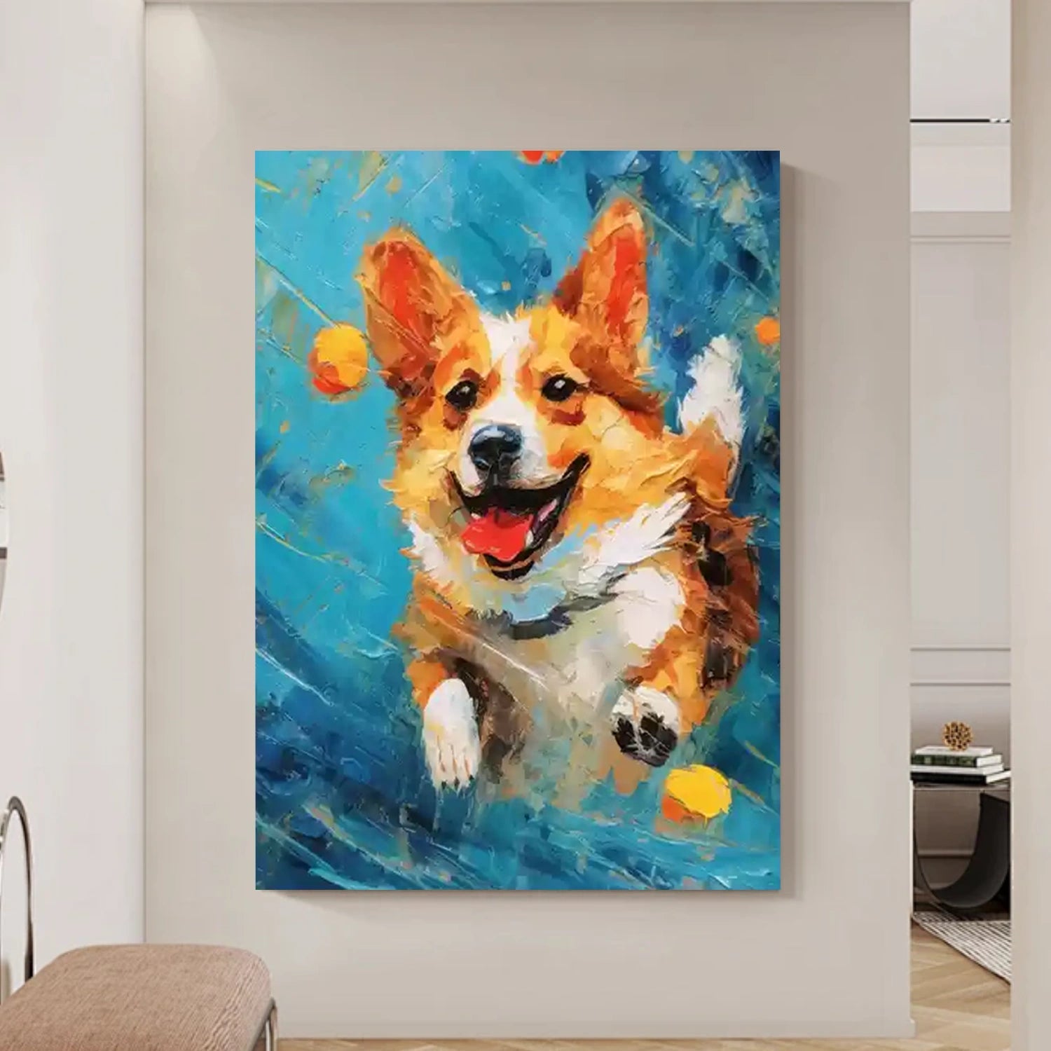 Large Textured Corgi Painting | Colorful Abstract Dog Wall Art Blue