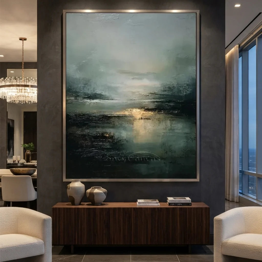 Hand-painted moody ocean landscape oil painting with heavy texture and warm golden reflections on dark teal water
