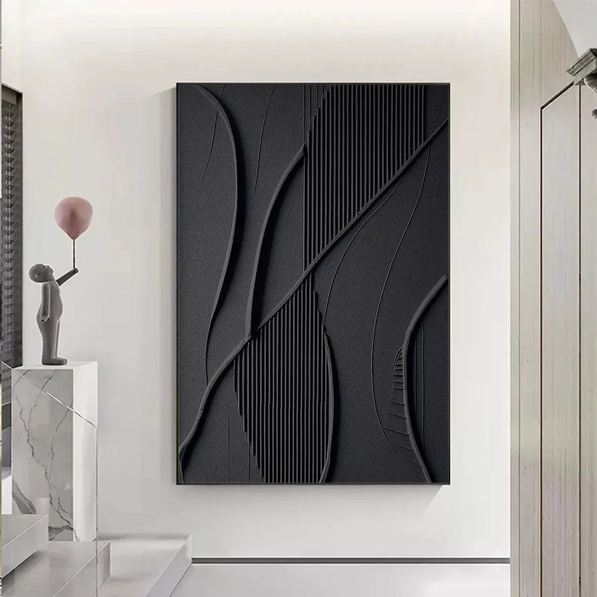 Minimalist Black 3D Texture Wall Art | Modern Monochrome Canvas #AA 44