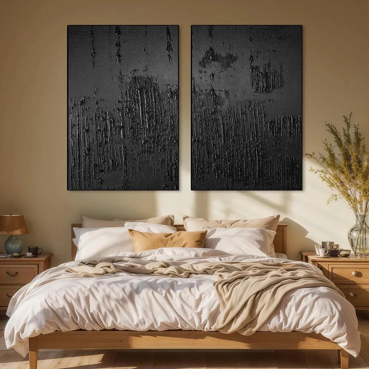 Minimalist Black Textured Canvas Set of 2 | Modern Dark Wall Art #AA 444