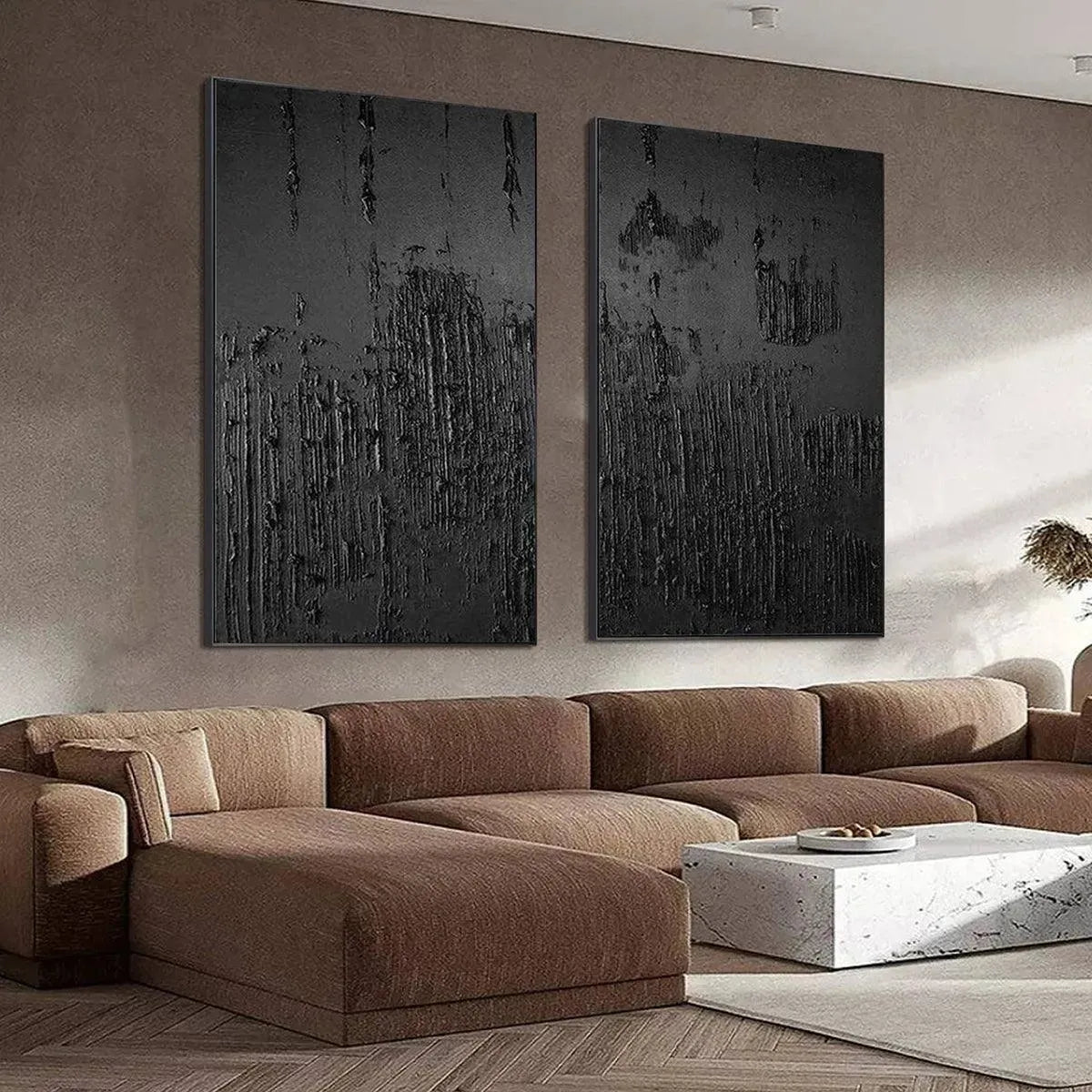Minimalist Black Textured Canvas Set of 2 | Modern Dark Wall Art #AA 444