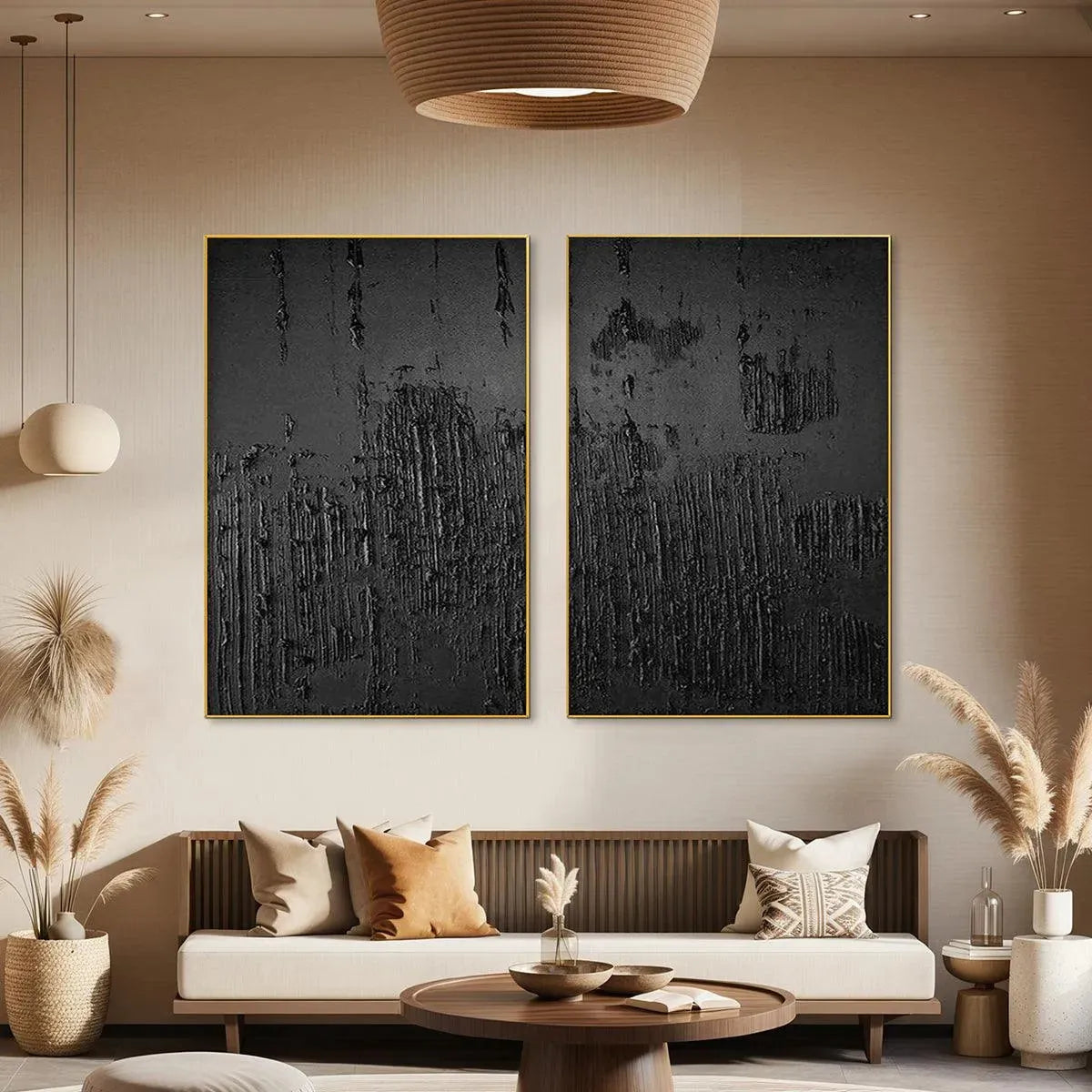  Wabi-sabi Style Black Canvas Duo | Japandi Organic Texture Art