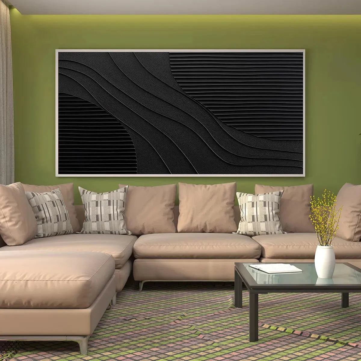  3D Relief Sand Texture Canvas | Abstract Black Wave Art