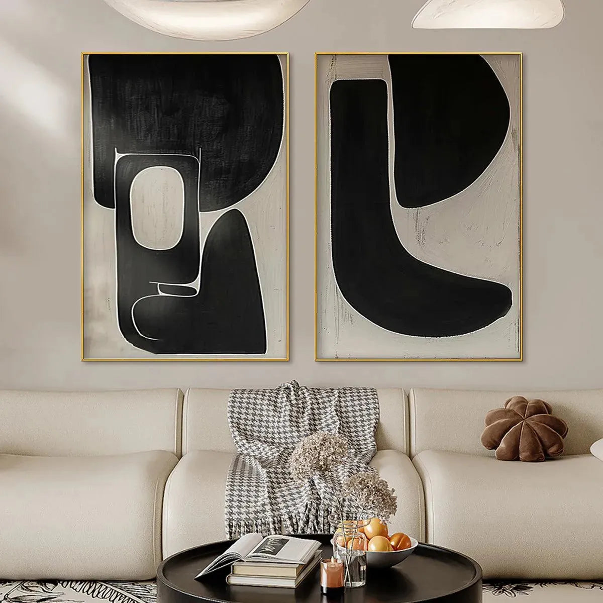 Modern Abstract Organic Shapes Art | Black & Beige Diptych