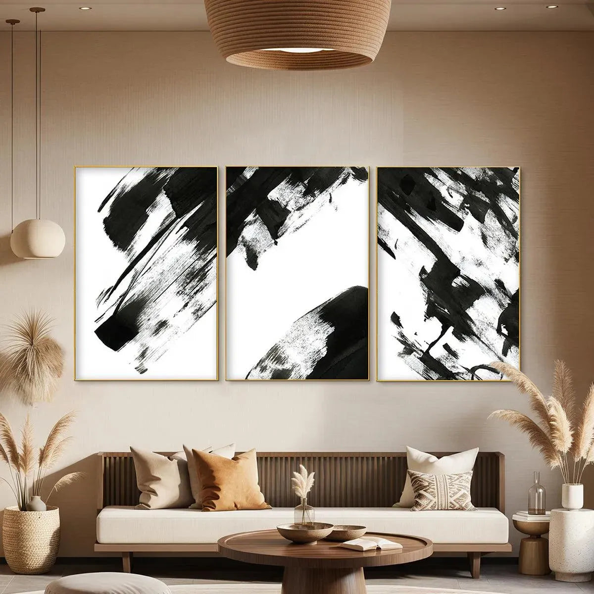 Dynamic Brushstroke Triptych | Black & White Abstract Art