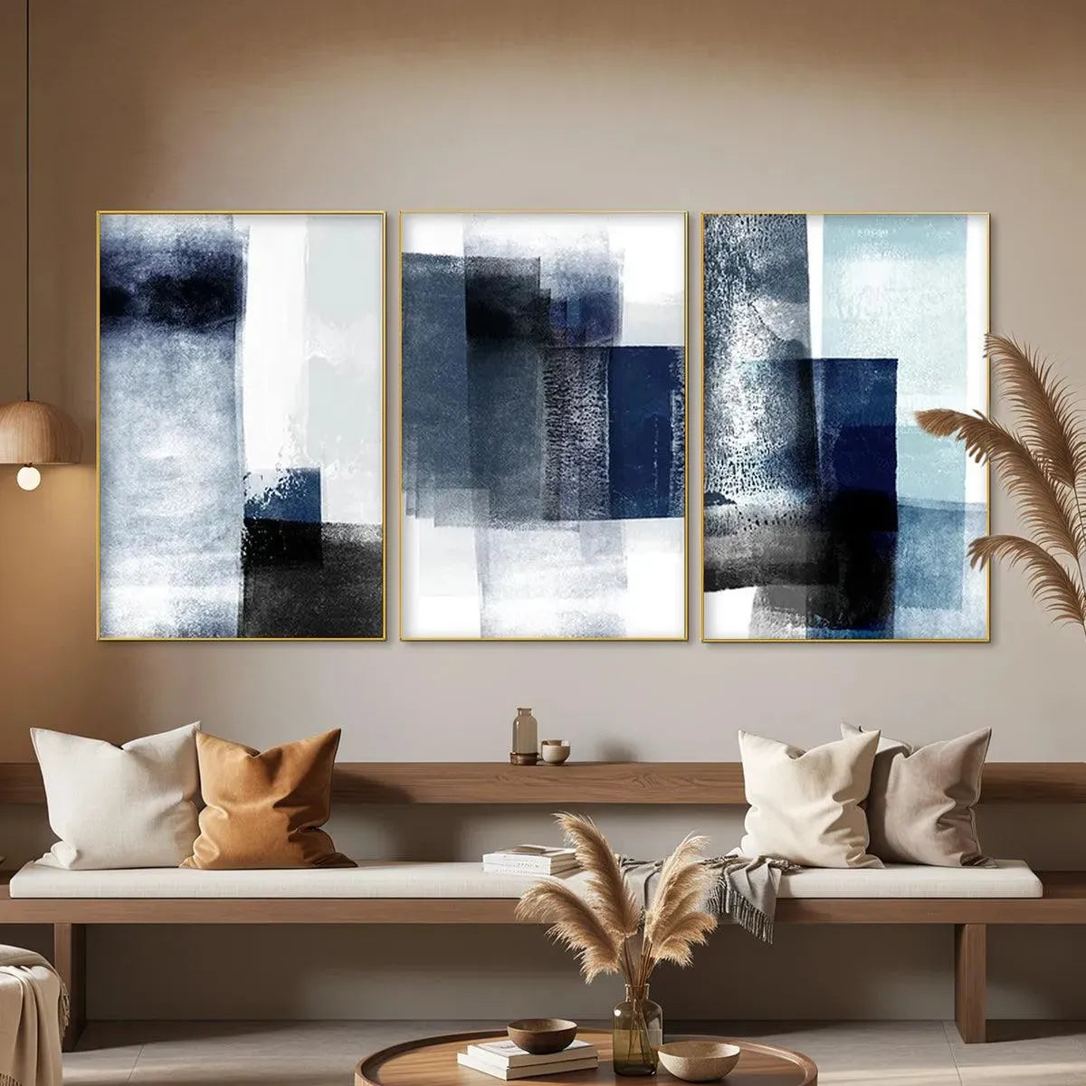 Japandi Style Wall Art Set of 3 | Blue Abstract Painting