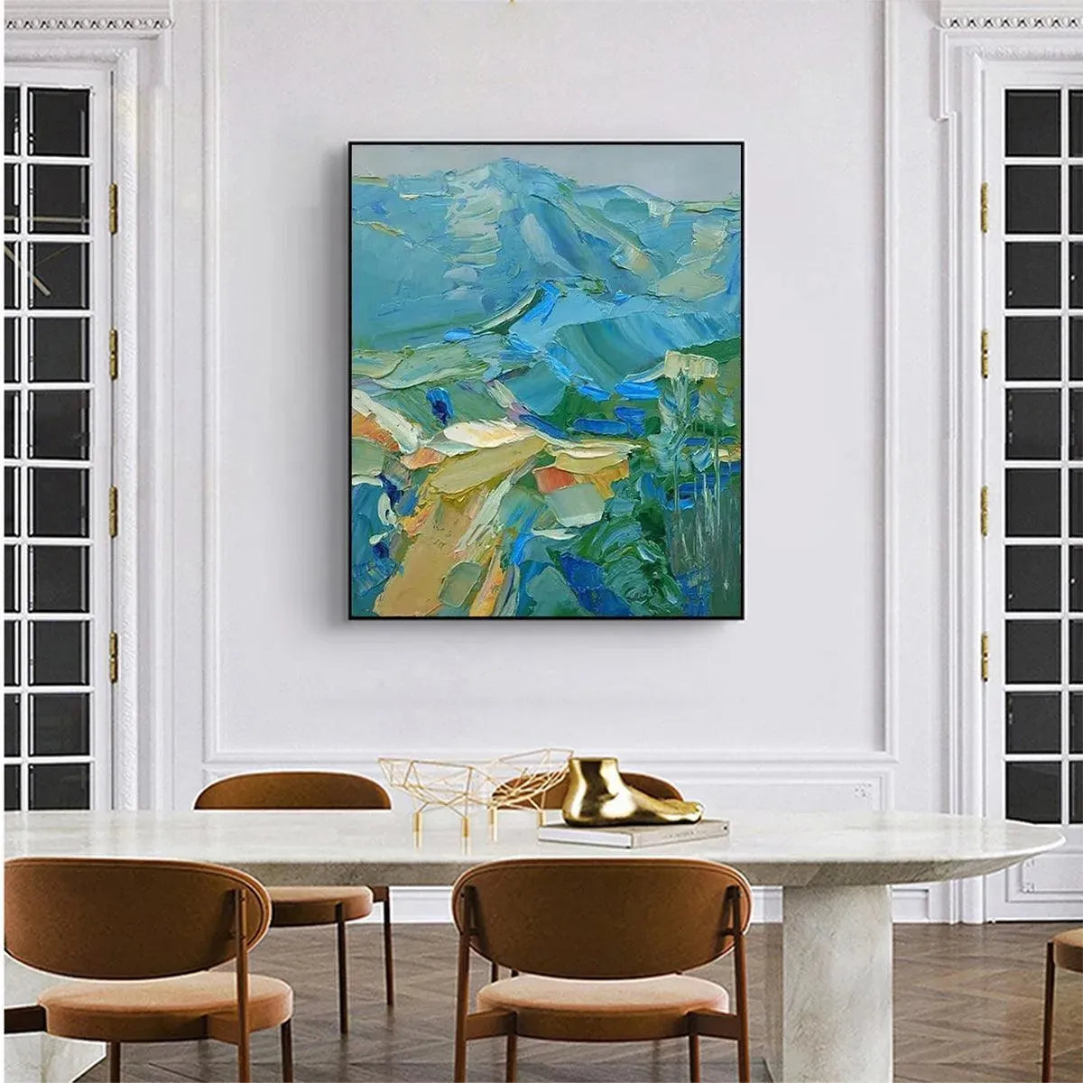 Large Abstract Wall Art | Blue and Green Mountain Oil Painting