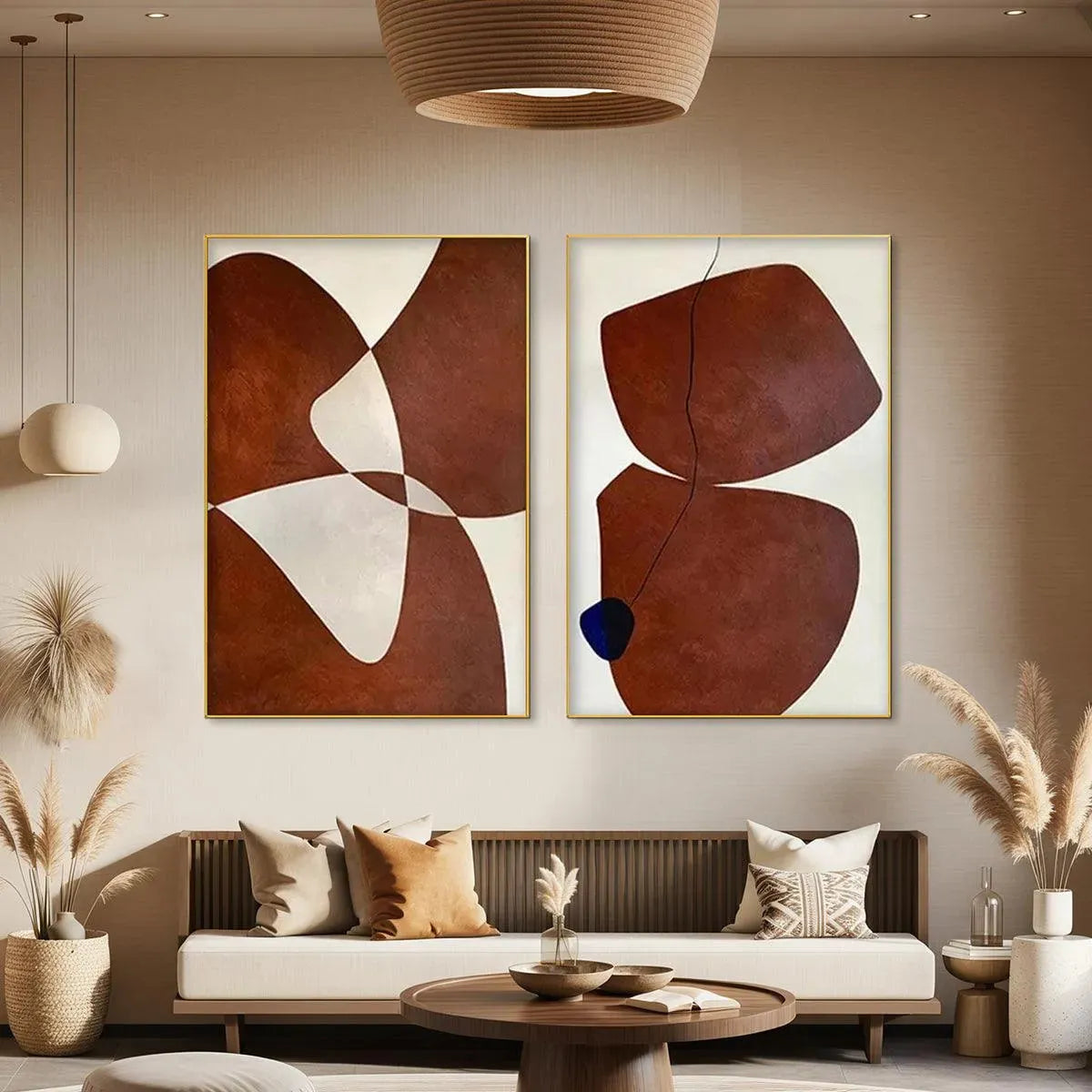 Brown Abstract Art with Blue Accent | Modern Diptych