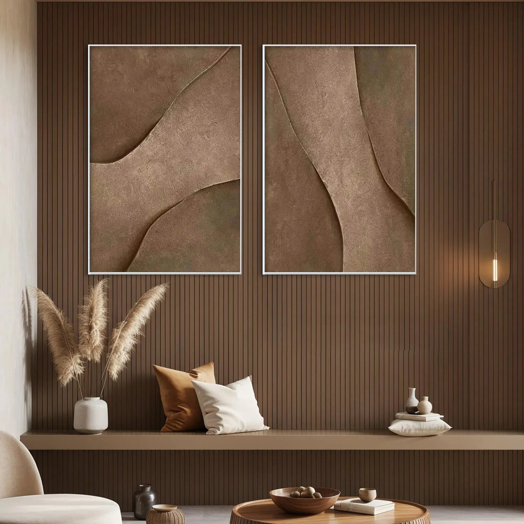 Modern Earth Tone Wall Art Set of 2 | Brown Minimalist Canvas #AA 464