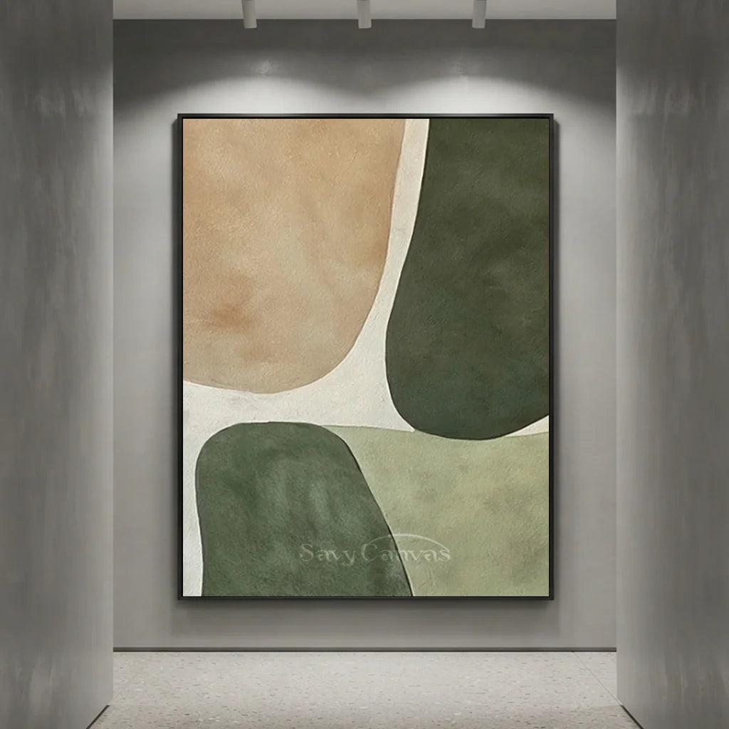 Handpainted Minimalist Beige & Sage Green Abstract Oil Painting #ZC 43