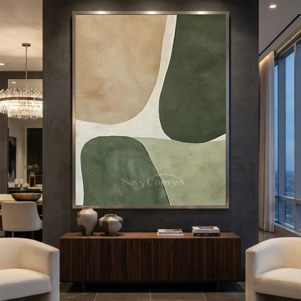 Handpainted Minimalist Beige & Sage Green Abstract Oil Painting #ZC 43