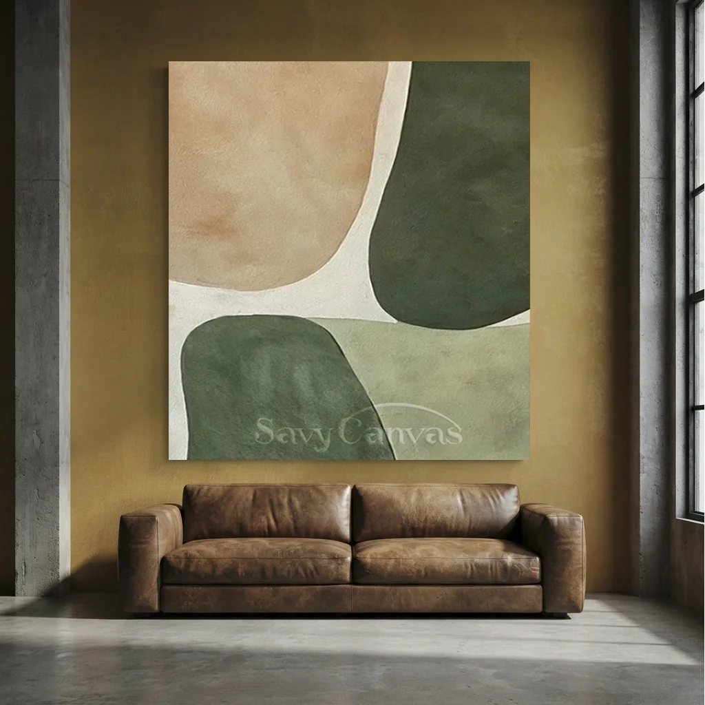 Handpainted Minimalist Beige & Sage Green Abstract Oil Painting #ZC 43