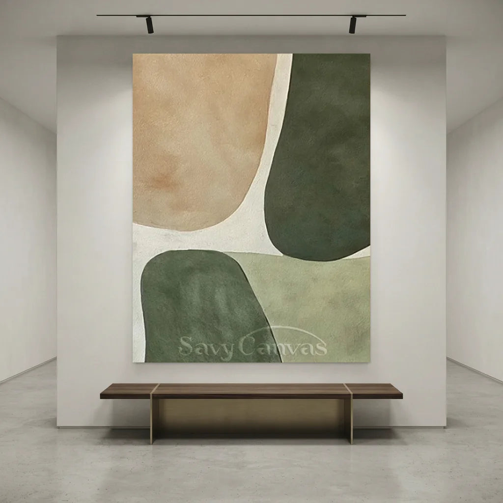 Handpainted Minimalist Beige & Sage Green Abstract Oil Painting #ZC 43