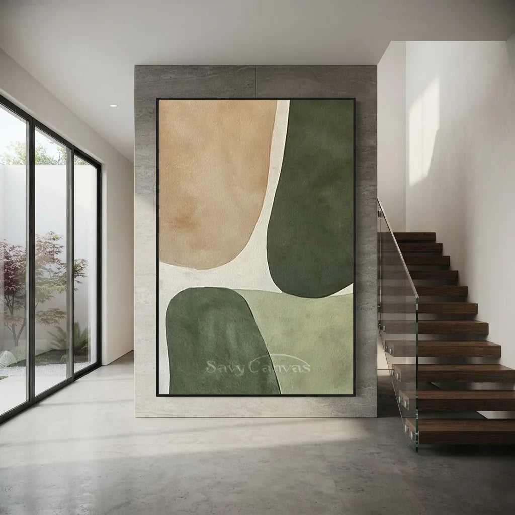 Handpainted Minimalist Beige & Sage Green Abstract Oil Painting #ZC 43