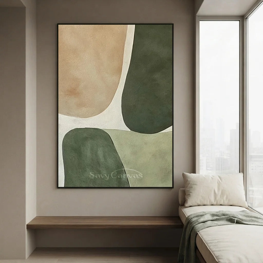 Handpainted Minimalist Beige & Sage Green Abstract Oil Painting #ZC 43