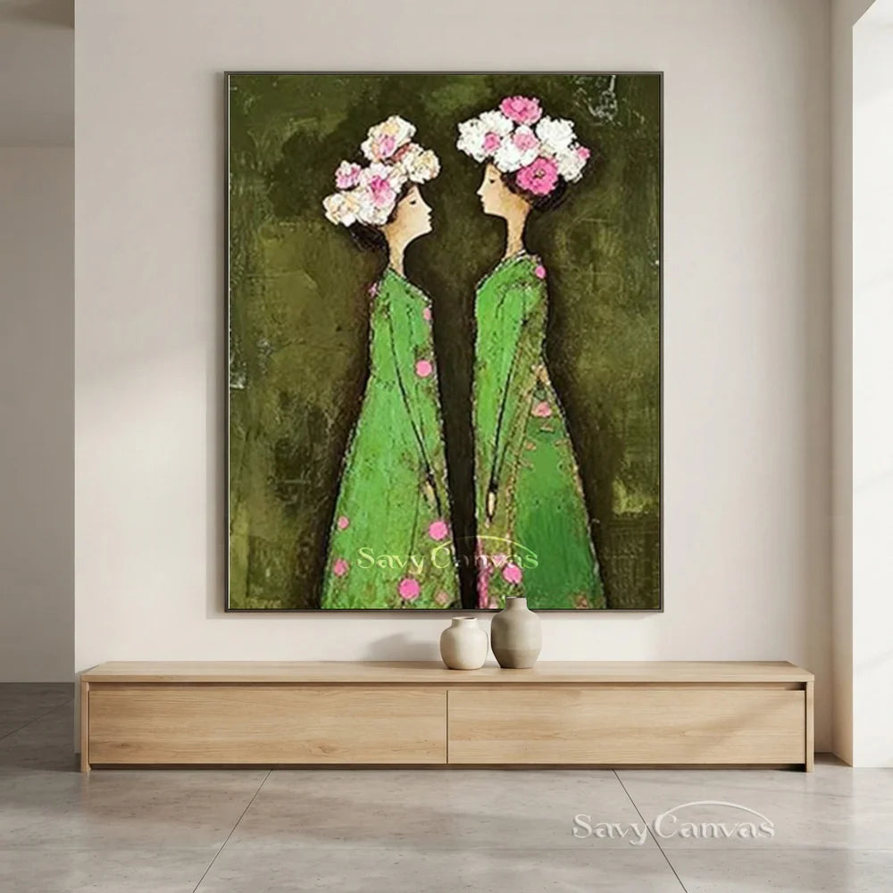 Abstract Floral Twins Oil Painting Green & Pink #SS 292