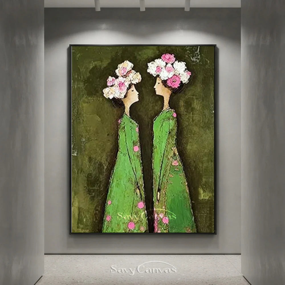 Abstract Floral Twins Oil Painting Green & Pink #SS 292